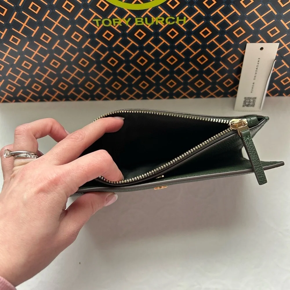 Tory Burch Blake Color Block Slim Envelope Wallet Basil Gold Dark Green